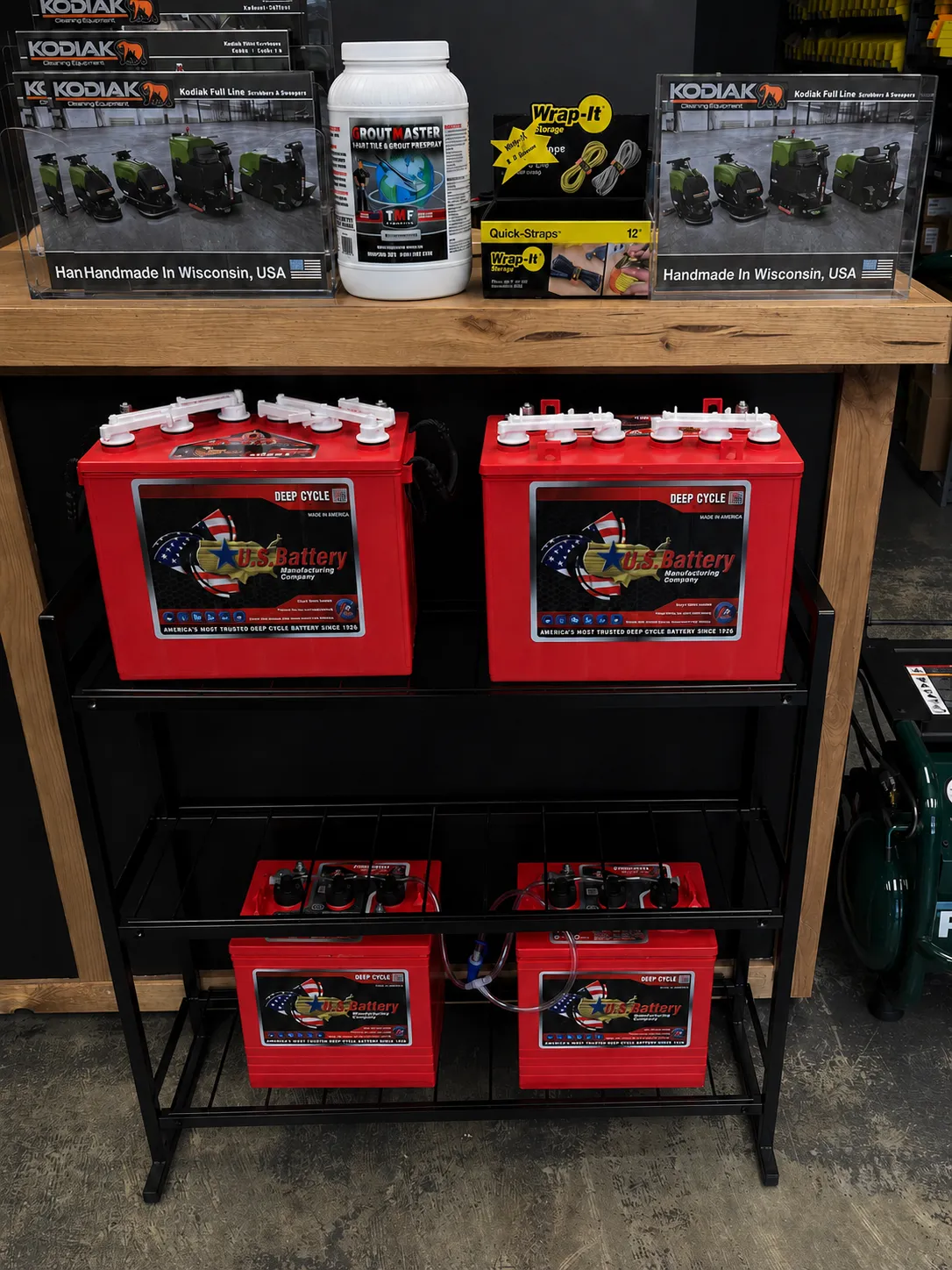 U.S. Battery deep-cycle batteries and Kodiak parts on display in the Advance Cleaning Equipment showroom