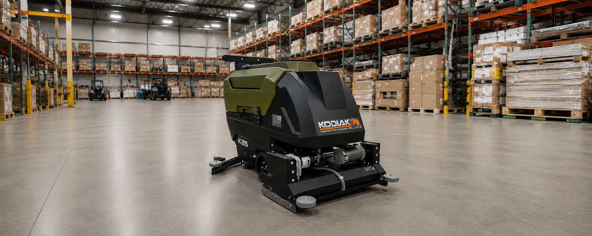 Kodiak K25 walk-behind floor scrubber on a warehouse floor between stocked pallet racks