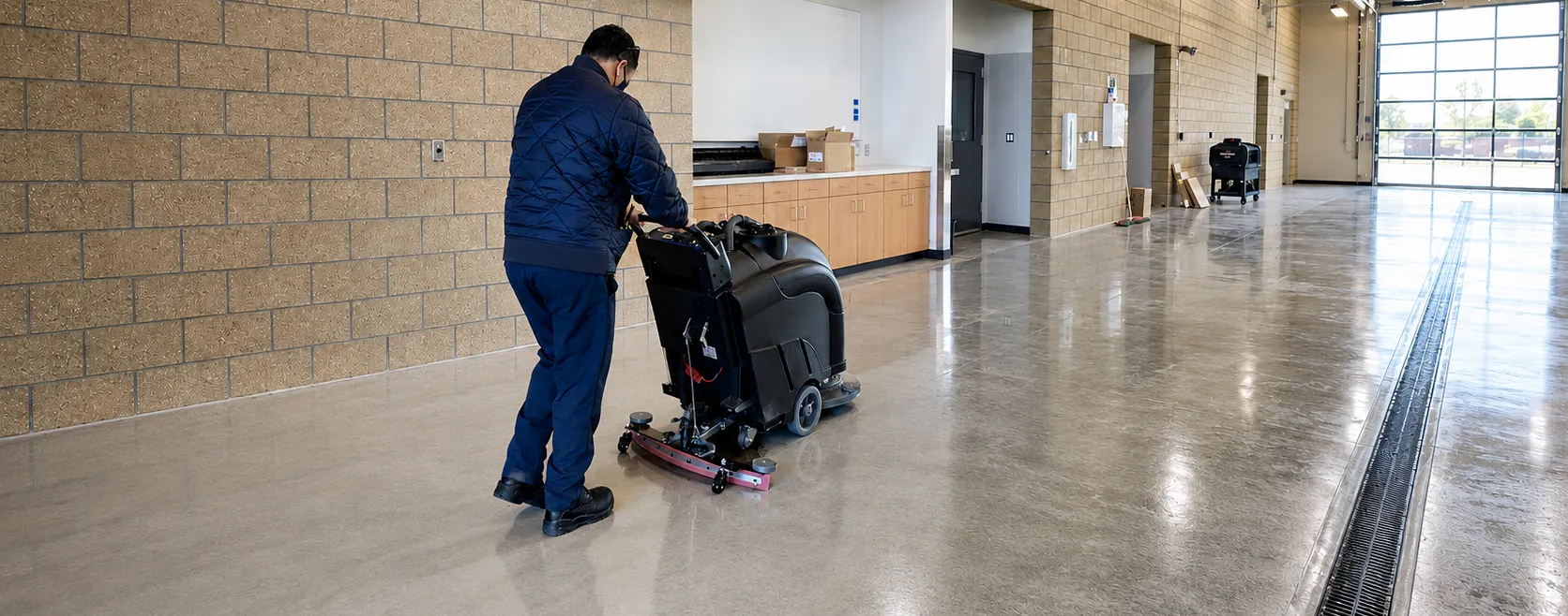 Technician pushing a Viper walk-behind floor scrubber across a polished commercial hallway