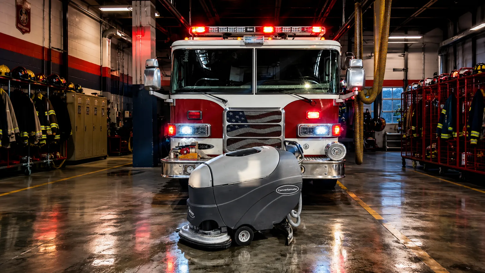 Advance Convertamatic walk-behind floor scrubber on a polished fire station floor in front of a fire engine