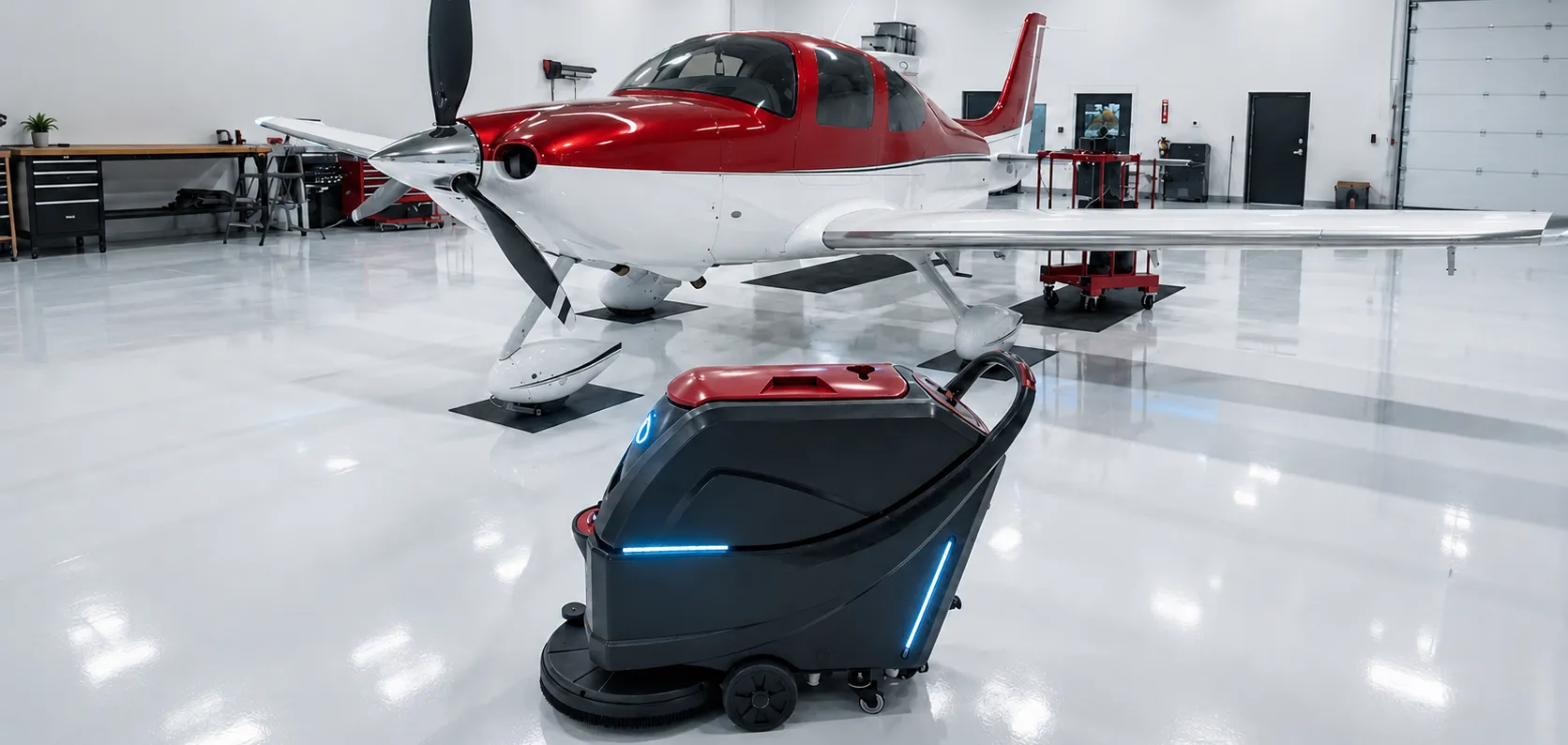 Walk-behind floor scrubber cleaning the glossy floor of an aircraft hangar beside a small propeller plane